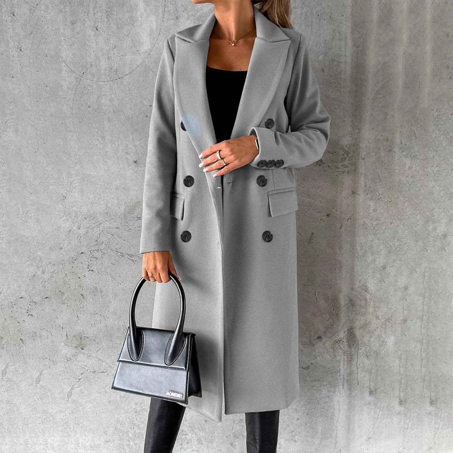 Winter Wool Coats for Women Warm Double Breasted Trench Coat Casual Notch Lapel Collared Pea Coat Jackets with Pockets