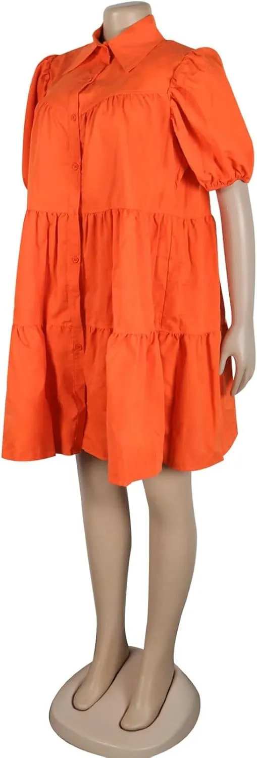 Women Casual Dresses Summer Short Sleeve Button Down Solid Midi Patchwork Dress