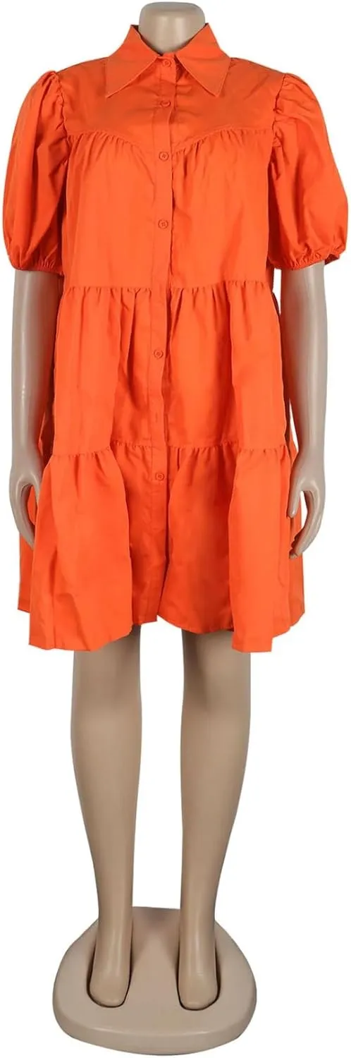 Women Casual Dresses Summer Short Sleeve Button Down Solid Midi Patchwork Dress