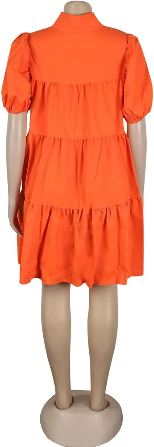 Women Casual Dresses Summer Short Sleeve Button Down Solid Midi Patchwork Dress