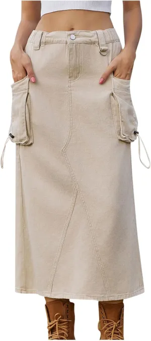Women Denim Cargo Long Skirts High Waisted Pencil Skirt Midi Length Jean Skirt Casual A-Line Skirt with Cargo Pockets