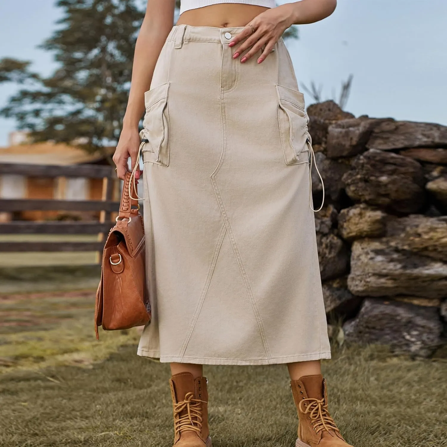 Women Denim Cargo Long Skirts High Waisted Pencil Skirt Midi Length Jean Skirt Casual A-Line Skirt with Cargo Pockets