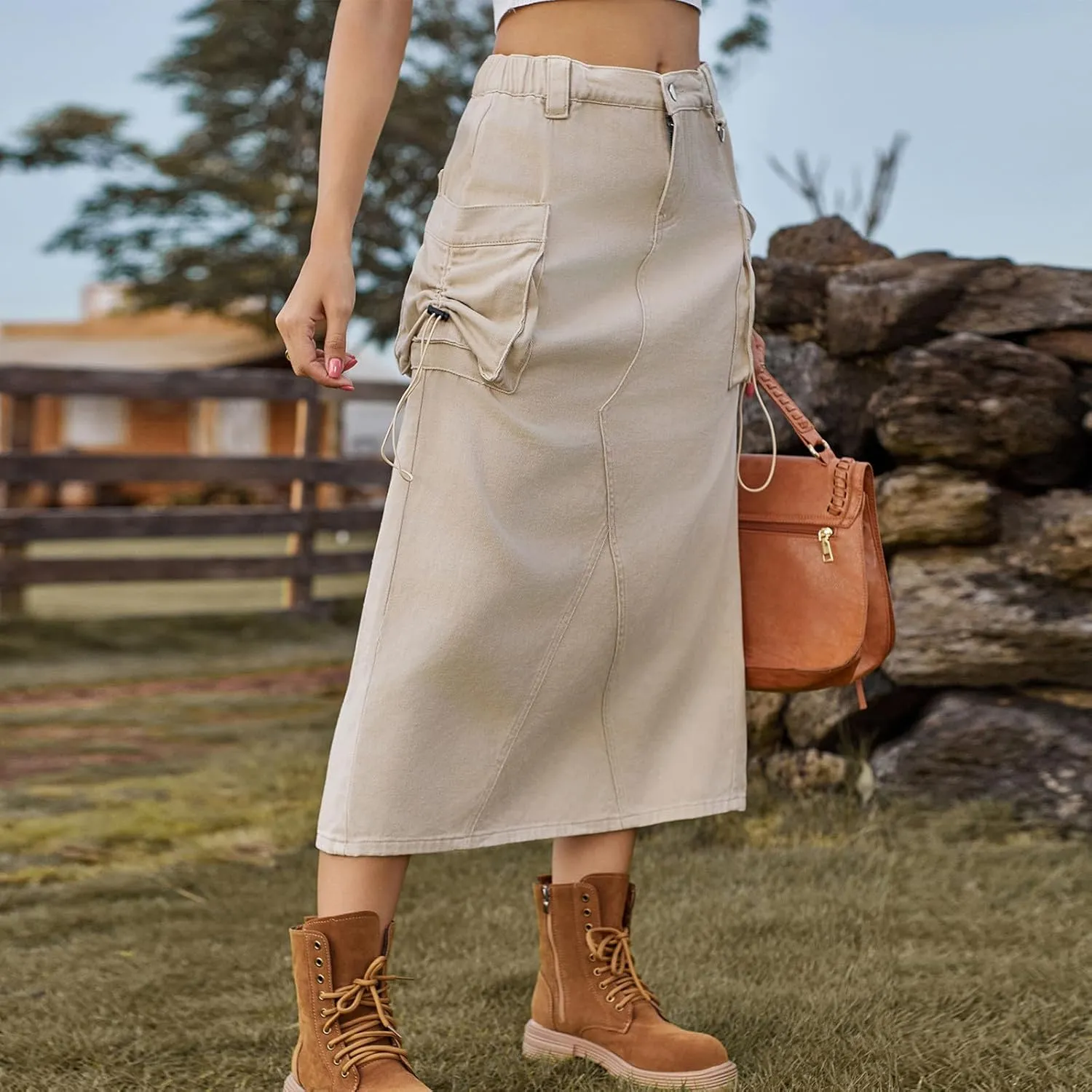 Women Denim Cargo Long Skirts High Waisted Pencil Skirt Midi Length Jean Skirt Casual A-Line Skirt with Cargo Pockets