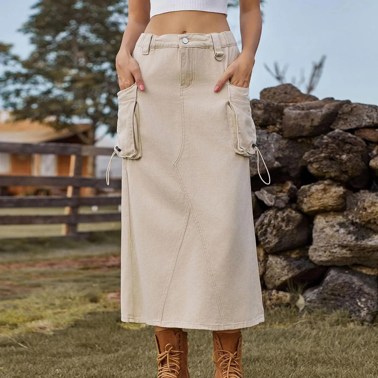 Women Denim Cargo Long Skirts High Waisted Pencil Skirt Midi Length Jean Skirt Casual A-Line Skirt with Cargo Pockets
