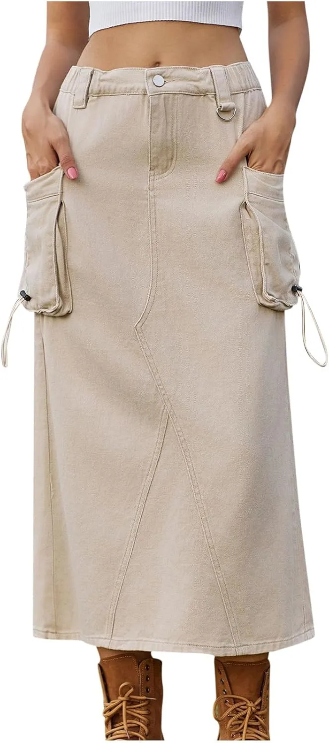 Women Denim Cargo Long Skirts High Waisted Pencil Skirt Midi Length Jean Skirt Casual A-Line Skirt with Cargo Pockets