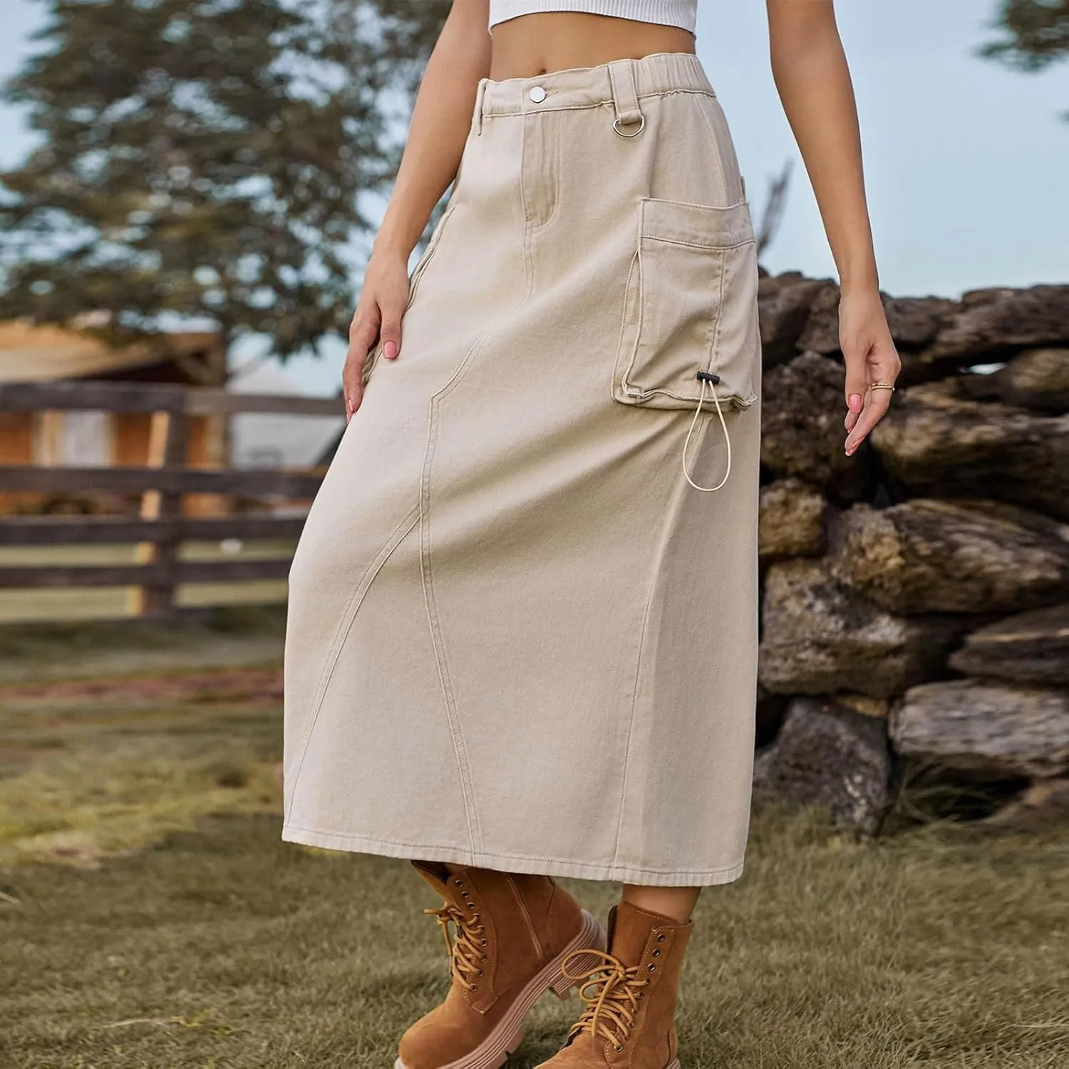 Women Denim Cargo Long Skirts High Waisted Pencil Skirt Midi Length Jean Skirt Casual A-Line Skirt with Cargo Pockets