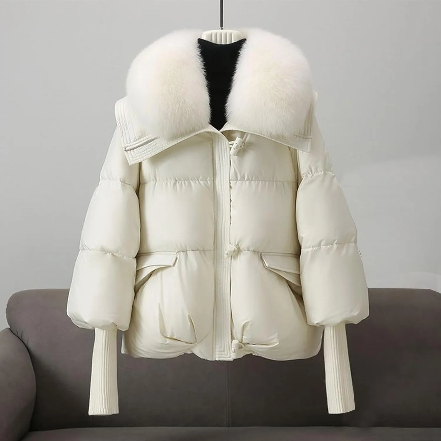 Women Faux Fur Collar Puffer Jacket Loose Warm Thick Snow Jackets Full Zipper Batwing Sleeve Down Jacket with Pocket