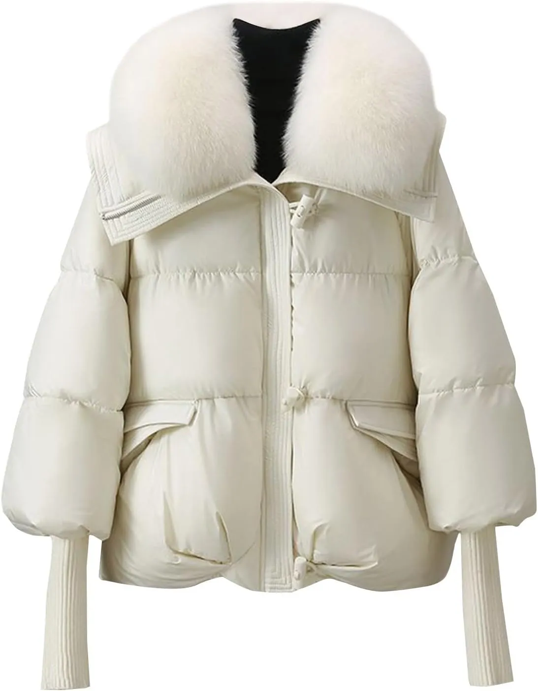Women Faux Fur Collar Puffer Jacket Loose Warm Thick Snow Jackets Full Zipper Batwing Sleeve Down Jacket with Pocket