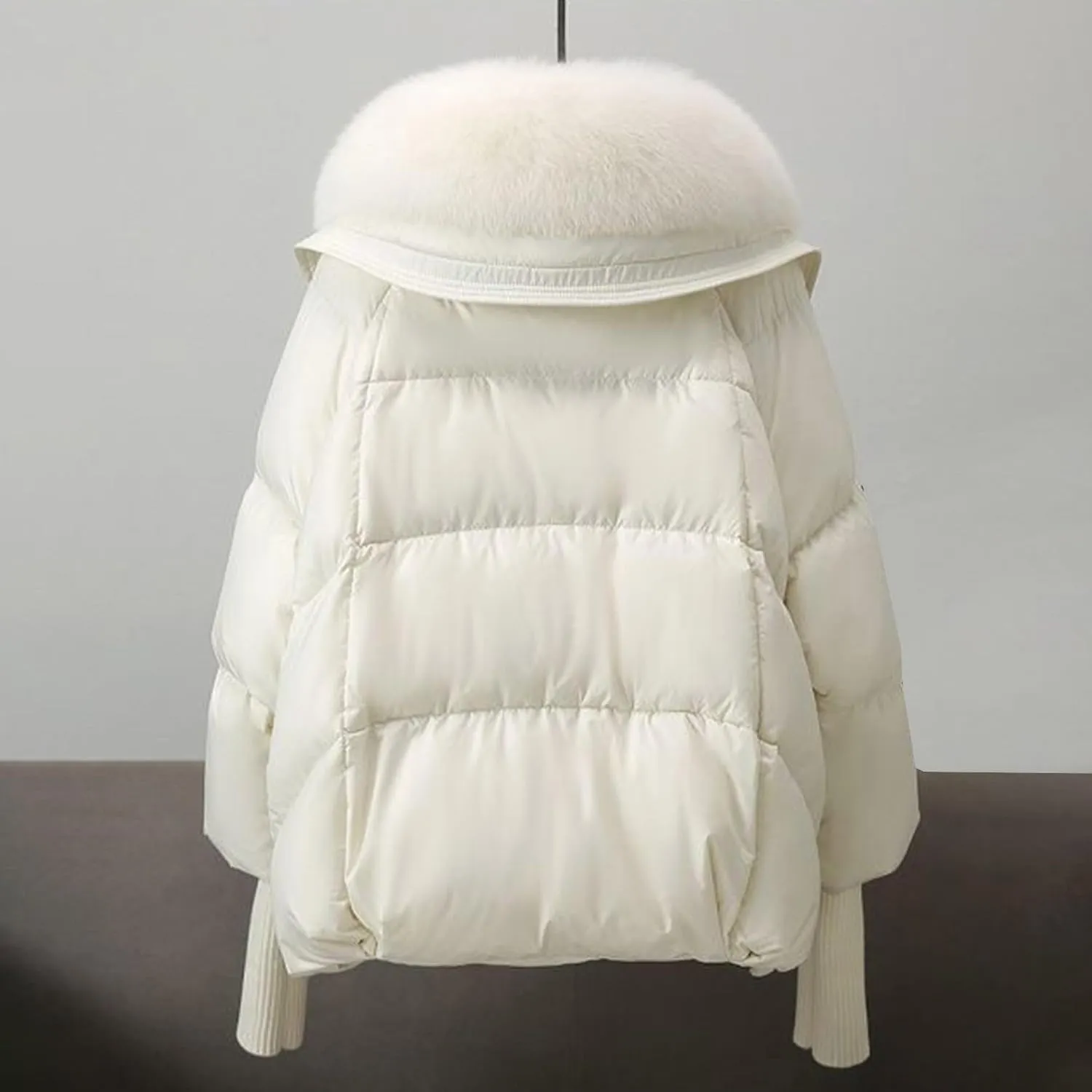 Women Faux Fur Collar Puffer Jacket Loose Warm Thick Snow Jackets Full Zipper Batwing Sleeve Down Jacket with Pocket