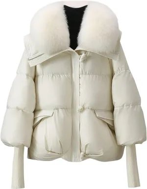 Women Faux Fur Collar Puffer Jacket Loose Warm Thick Snow Jackets Full Zipper Batwing Sleeve Down Jacket with Pocket