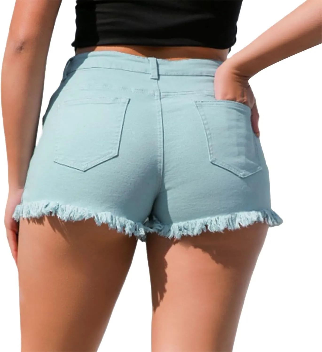 Women High Waist Stretch Y2K Distressed Denim Shorts Ripped Frayed Raw Hem Fringe Summer Casual Butt Lift Jean Shorts