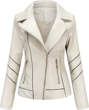 Women Leather Jacket Stand-Up Collar Zipper Stitching Solid Color Jacket Faux Leather Jacket Women Faux Leather