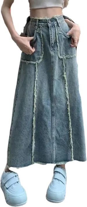 Women Long Skirts Vintage Denim Autumn Fashion High Waisted Casual Denim Skirt