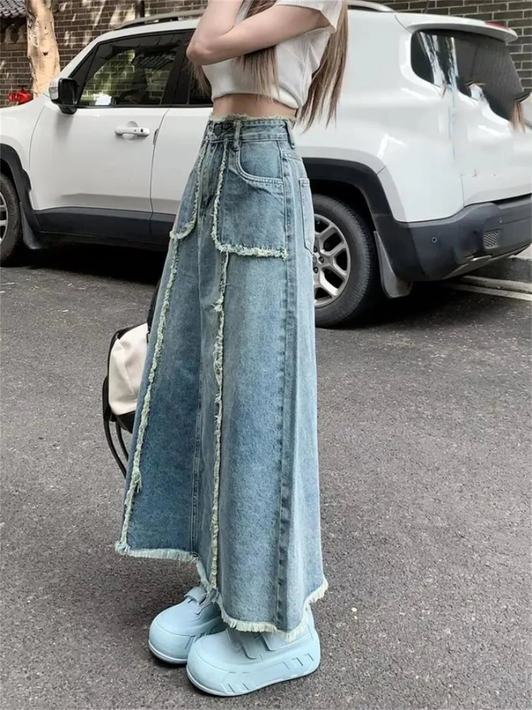 Women Long Skirts Vintage Denim Autumn Fashion High Waisted Casual Denim Skirt