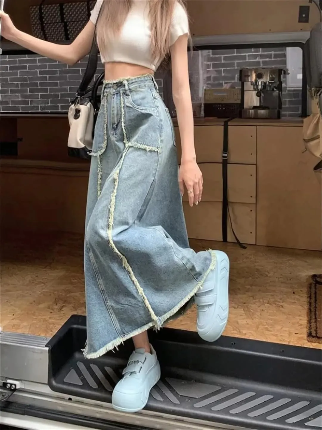 Women Long Skirts Vintage Denim Autumn Fashion High Waisted Casual Denim Skirt