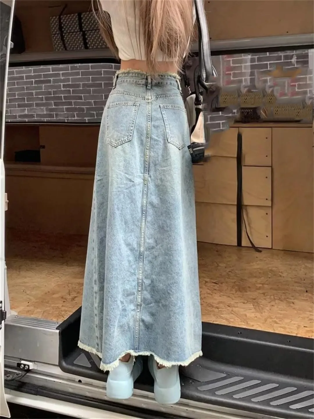 Women Long Skirts Vintage Denim Autumn Fashion High Waisted Casual Denim Skirt