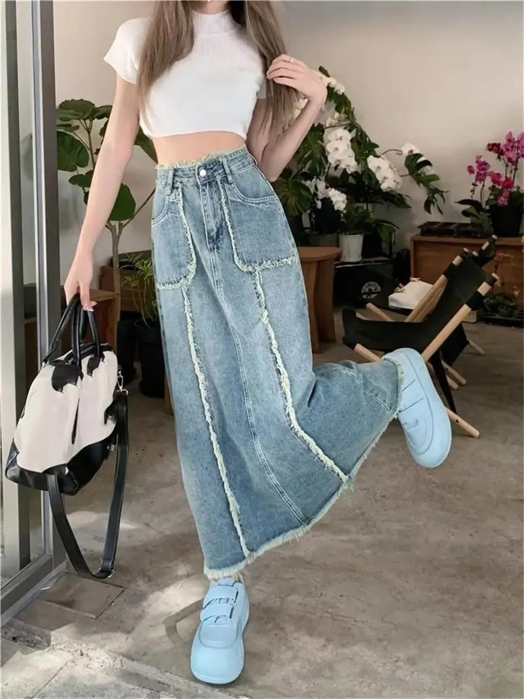 Women Long Skirts Vintage Denim Autumn Fashion High Waisted Casual Denim Skirt