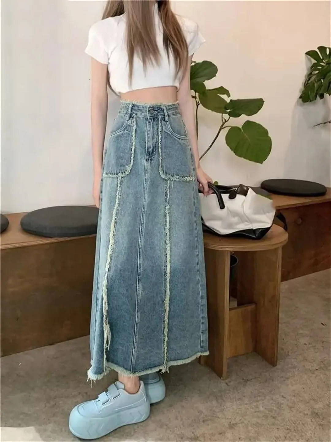 Women Long Skirts Vintage Denim Autumn Fashion High Waisted Casual Denim Skirt