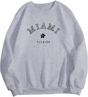 Women Miami Letter Graphic Print Oversized Sweatshirt Fleece Crewneck Long Sleeve Drop Shoulder Pullover Fall Clothes