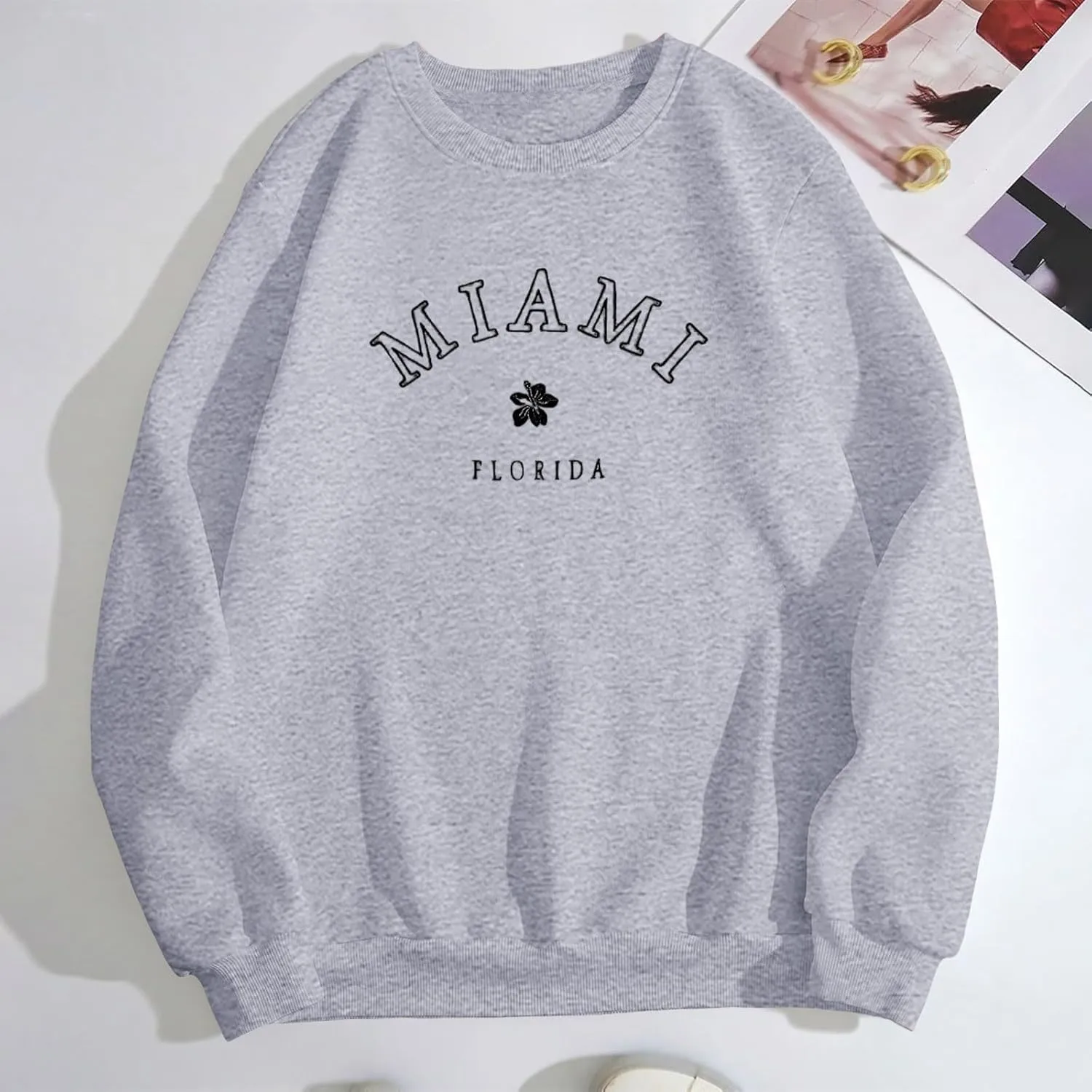 Women Miami Letter Graphic Print Oversized Sweatshirt Fleece Crewneck Long Sleeve Drop Shoulder Pullover Fall Clothes