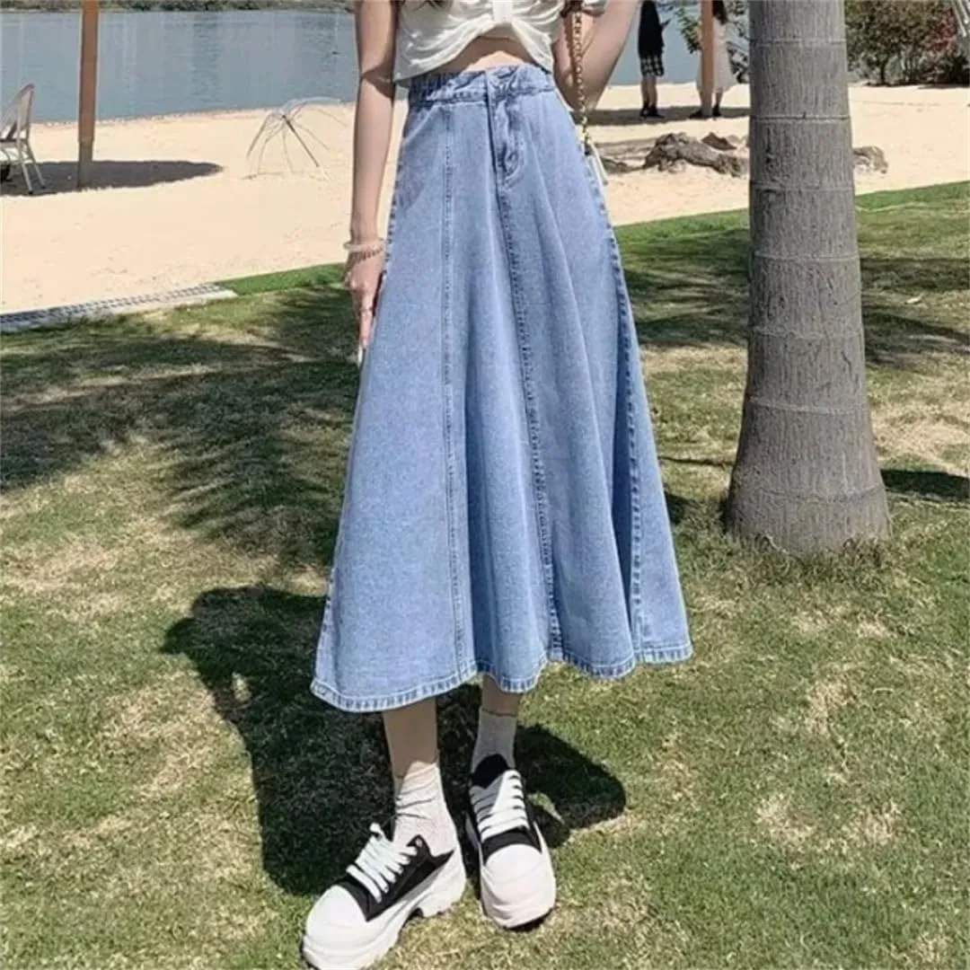 Women Midi Skirts Denim High Waisted Solid Summer Women's Casual Denim Skirt