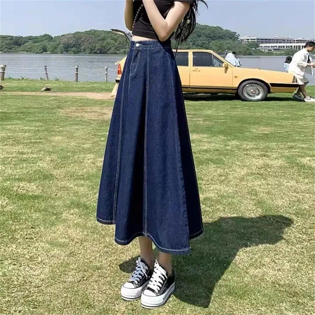 Women Midi Skirts Denim High Waisted Solid Summer Women's Casual Denim Skirt