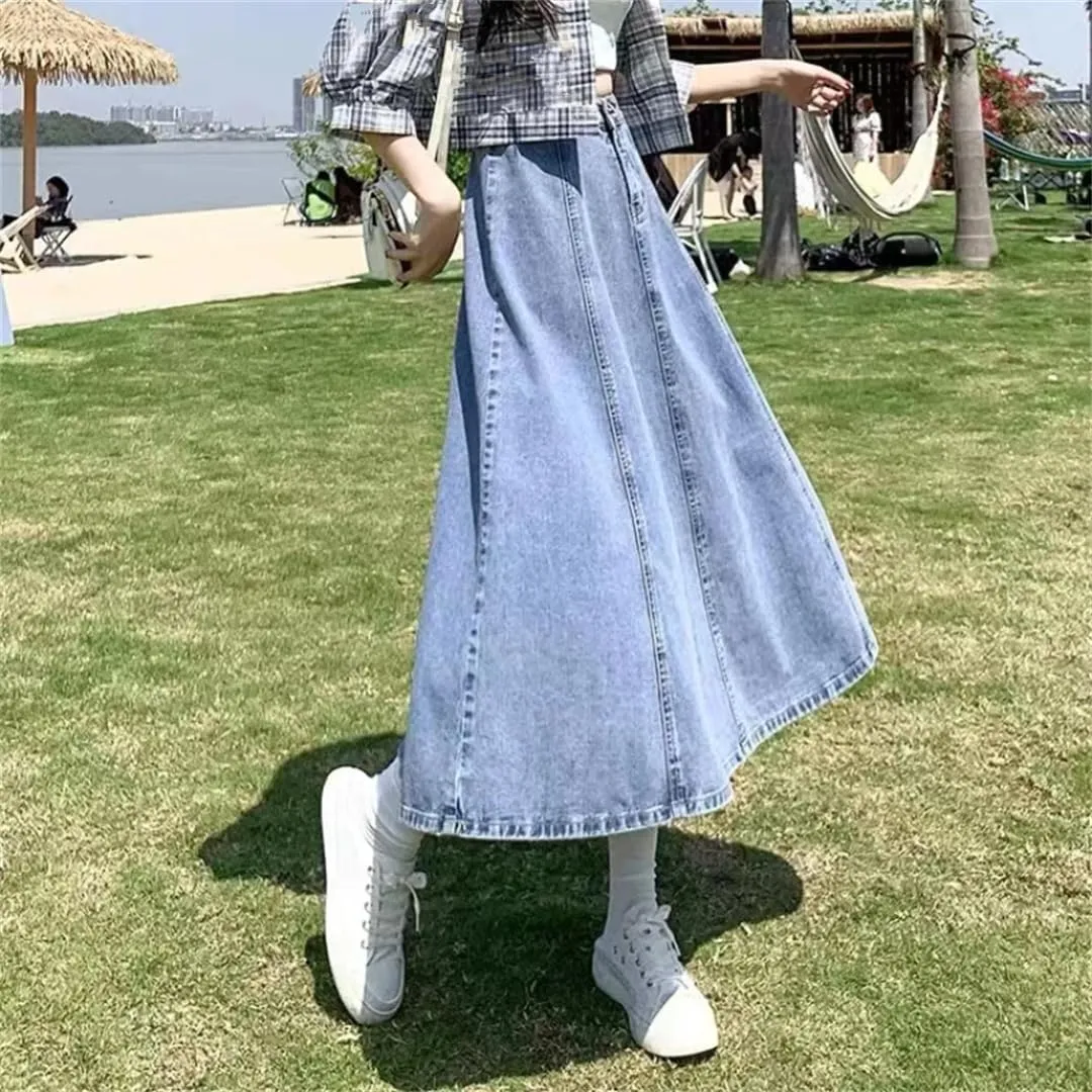 Women Midi Skirts Denim High Waisted Solid Summer Women's Casual Denim Skirt