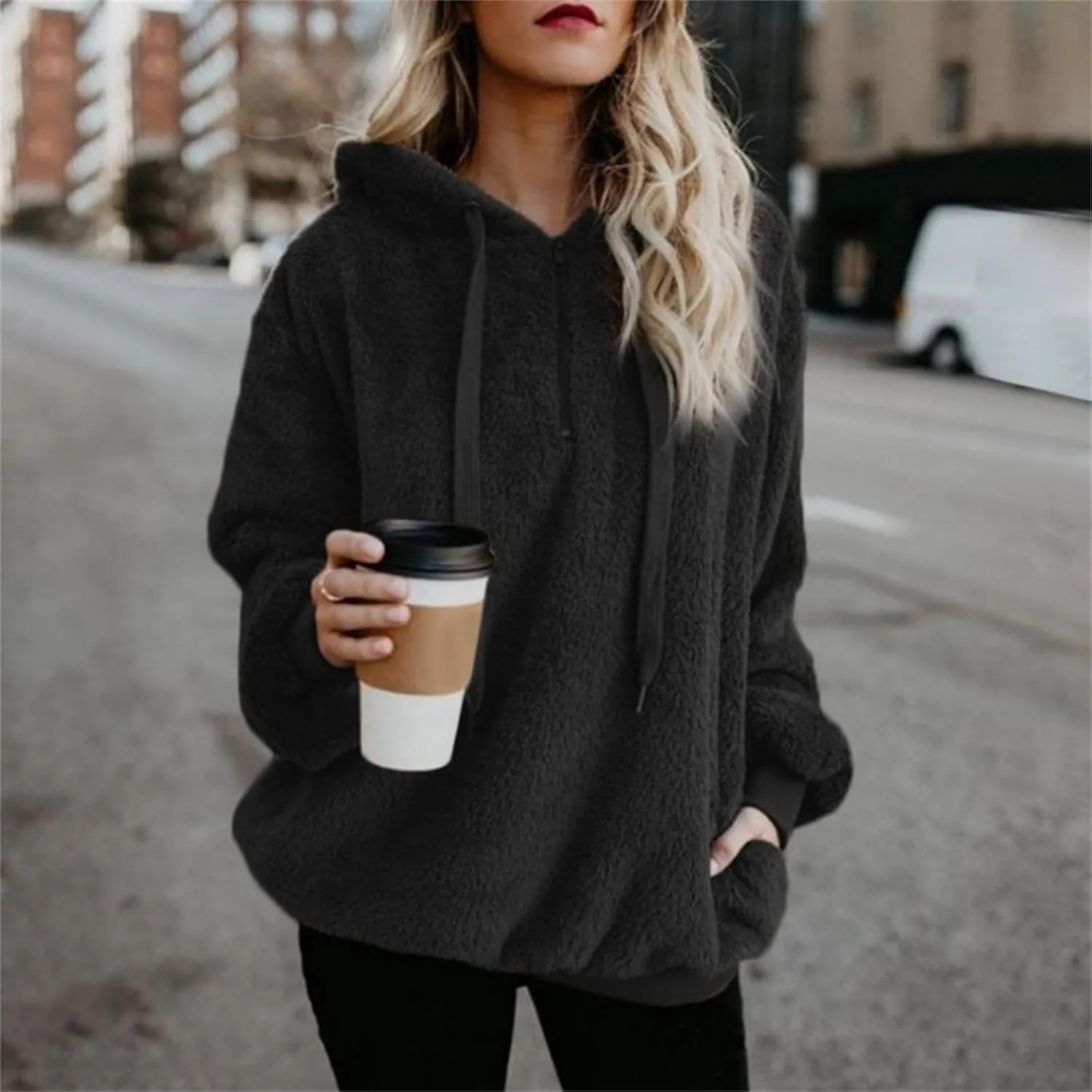 Women Sherpa Hoodie Fuzzy Fleece Quarter Zip Pullover Loose Comfy Plush Sweatshirt with Pockets Cute Winter Clothes