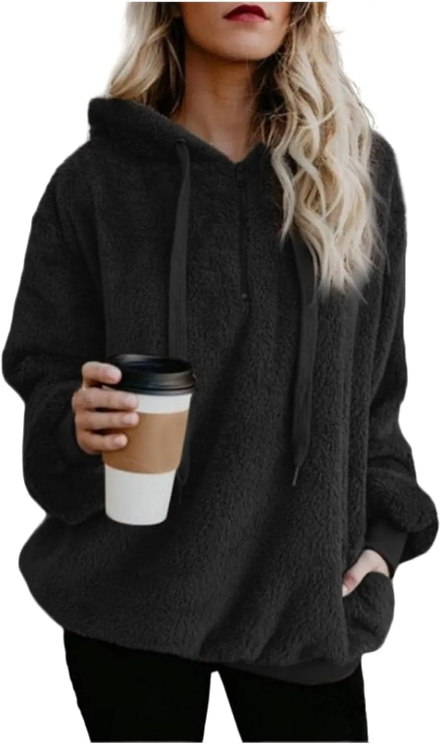 Women Sherpa Hoodie Fuzzy Fleece Quarter Zip Pullover Loose Comfy Plush Sweatshirt with Pockets Cute Winter Clothes
