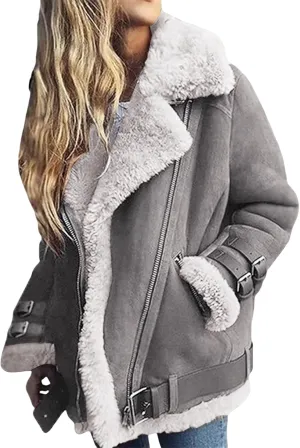 Women Sherpa Lined Coat Lapel Zip Up Winter Thicked Outwear Faux Suede Leather Biker Motor Jacket Fuzzy Warm Jacket