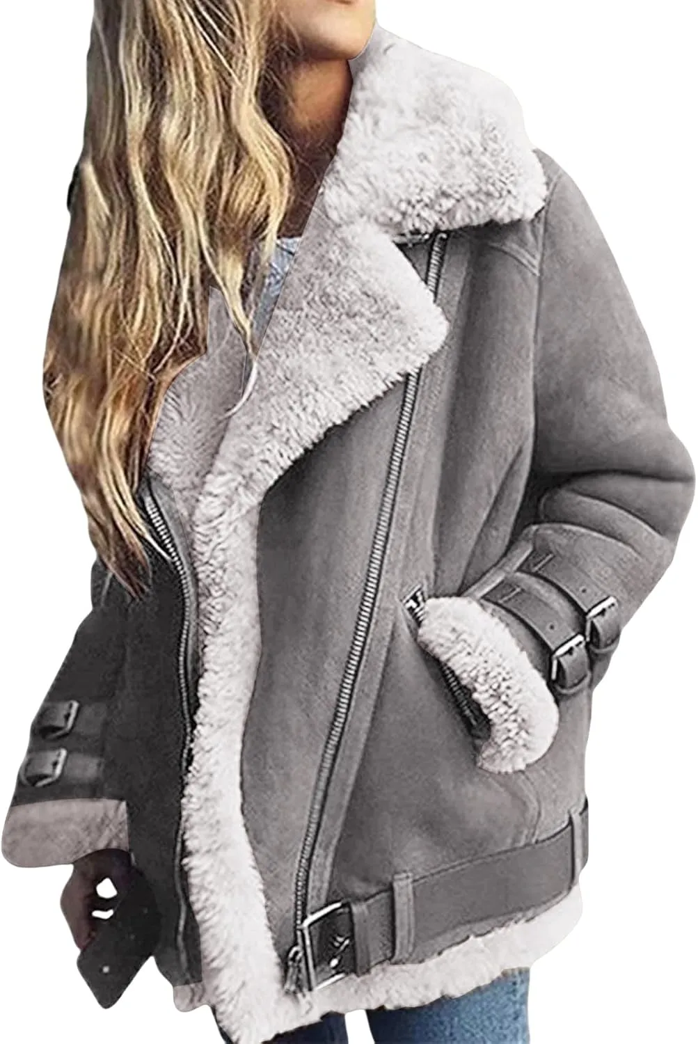 Women Sherpa Lined Coat Lapel Zip Up Winter Thicked Outwear Faux Suede Leather Biker Motor Jacket Fuzzy Warm Jacket