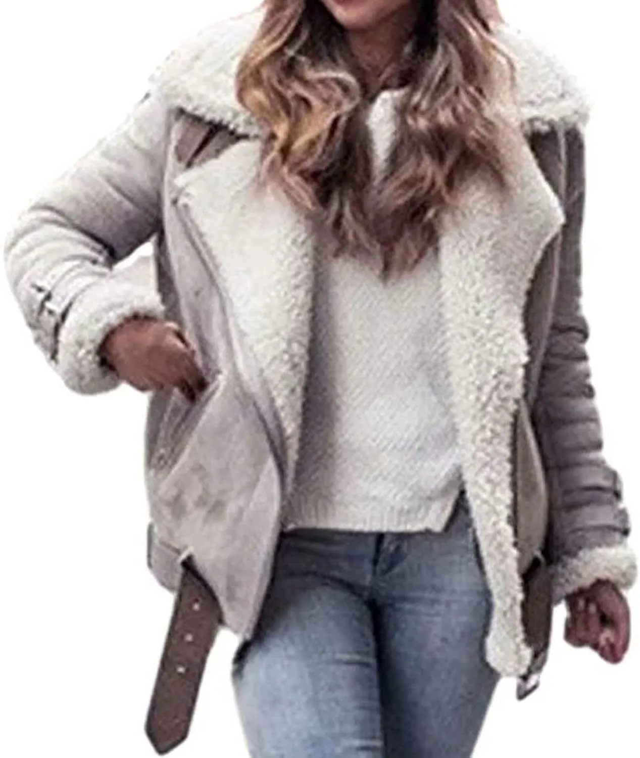 Women Sherpa Lined Coat Lapel Zip Up Winter Thicked Outwear Faux Suede Leather Biker Motor Jacket Fuzzy Warm Jacket