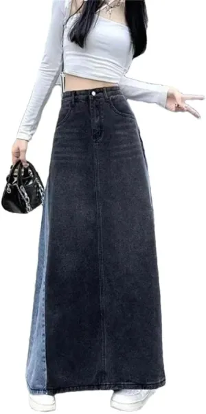 Women Slimming Color Blocking Denim Long Dress High Waisted Vintage Denim Long Skirt