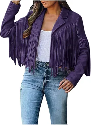 Women Trendy Tassel Coat Fringe Coats Faux Suede Leather Cowboy Style Jacket Long Sleeve Tassels Cardigan Coat Outwear
