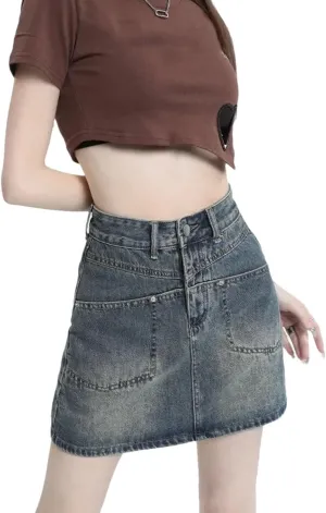 Women Vintage Denim Mini Dress High-Waisted Denim Leisure Skirt