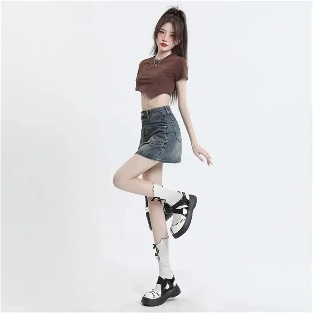 Women Vintage Denim Mini Dress High-Waisted Denim Leisure Skirt