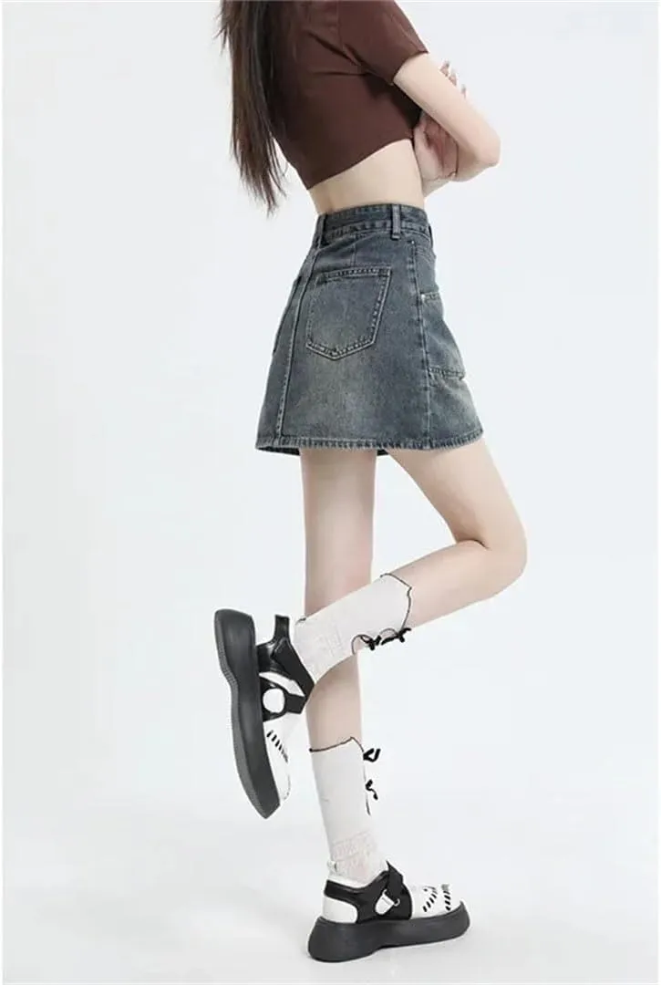 Women Vintage Denim Mini Dress High-Waisted Denim Leisure Skirt