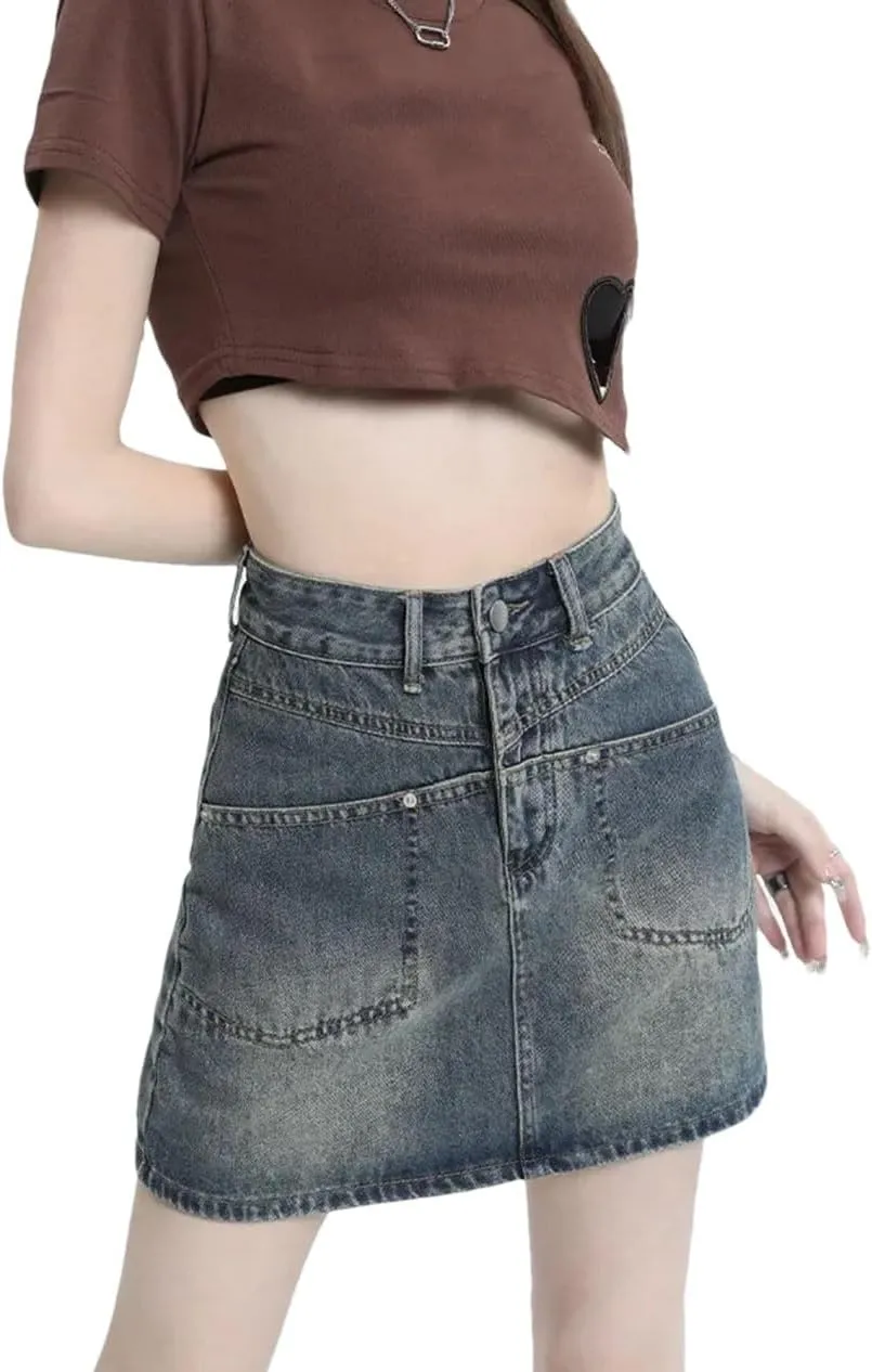 Women Vintage Denim Mini Dress High-Waisted Denim Leisure Skirt