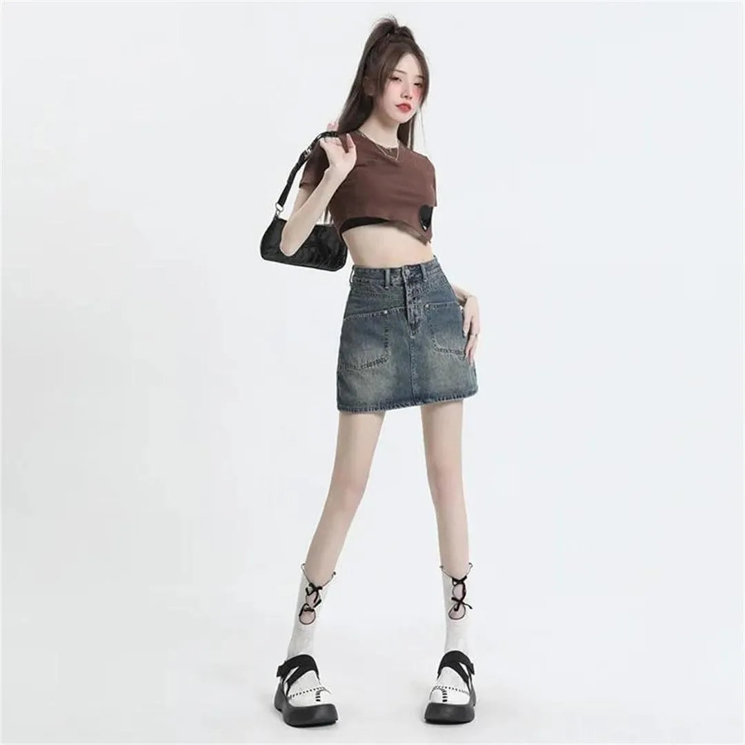 Women Vintage Denim Mini Dress High-Waisted Denim Leisure Skirt