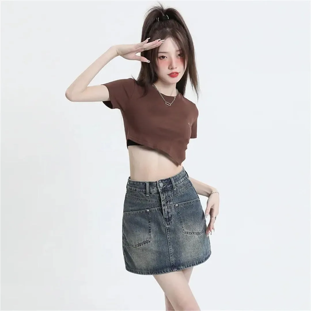 Women Vintage Denim Mini Dress High-Waisted Denim Leisure Skirt