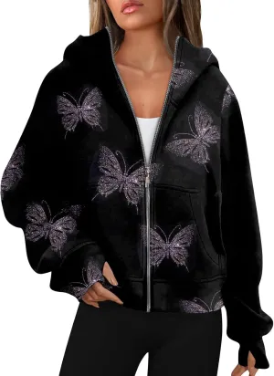 Women Zip Up Hoodie Fall Crop Top Thumb Hole Patterned Cute Hoodies Winter Vintage Long Sleeve Clothes With Pockets