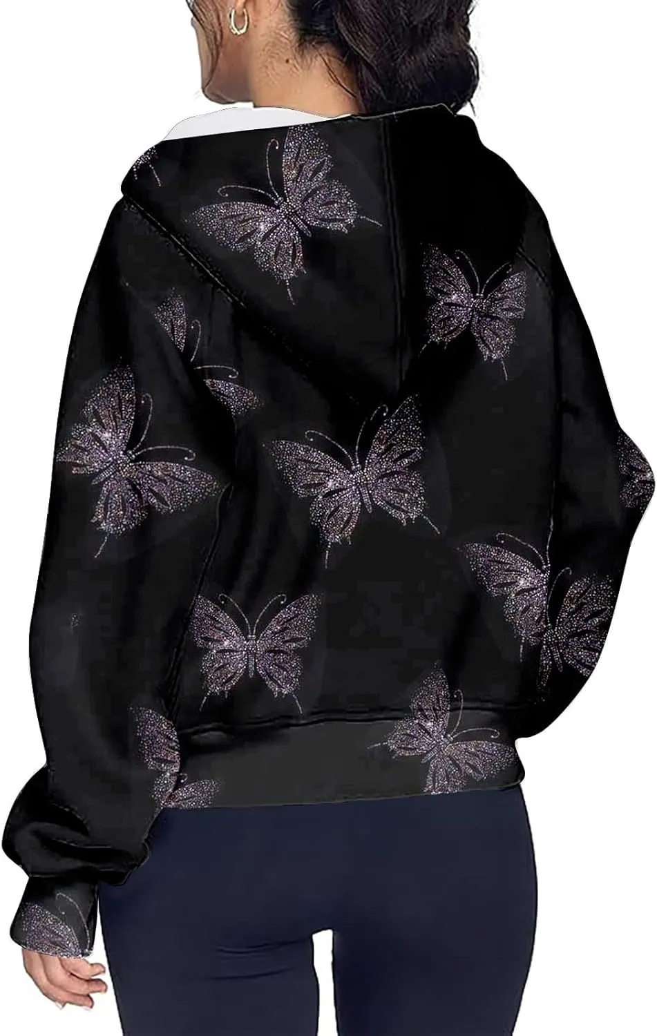 Women Zip Up Hoodie Fall Crop Top Thumb Hole Patterned Cute Hoodies Winter Vintage Long Sleeve Clothes With Pockets