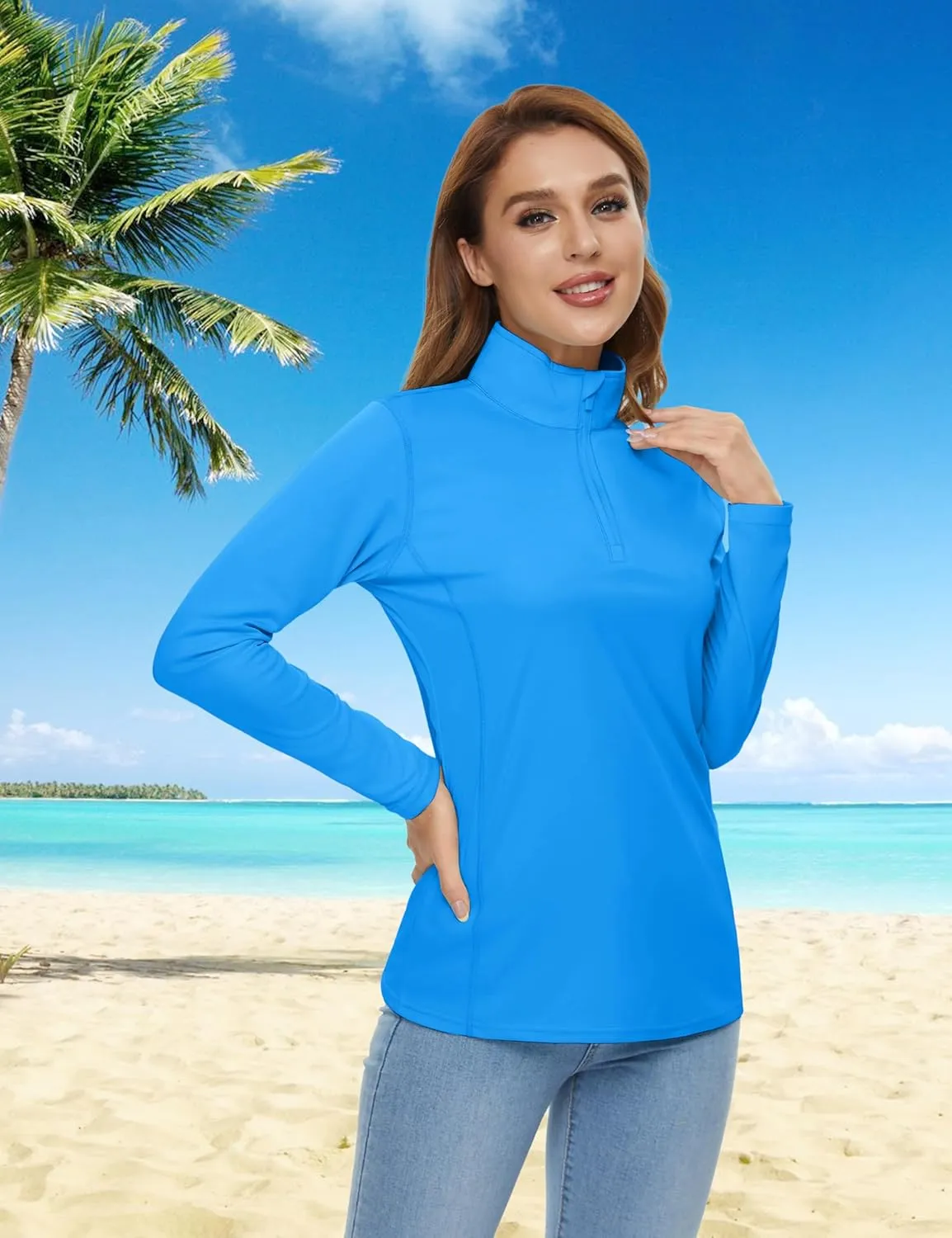 Womens 1/4 Zip Pullover Long Sleeve UPF 50  Sun Protection SPF Uv Shirts Quick Dry Athletic T-Shirts