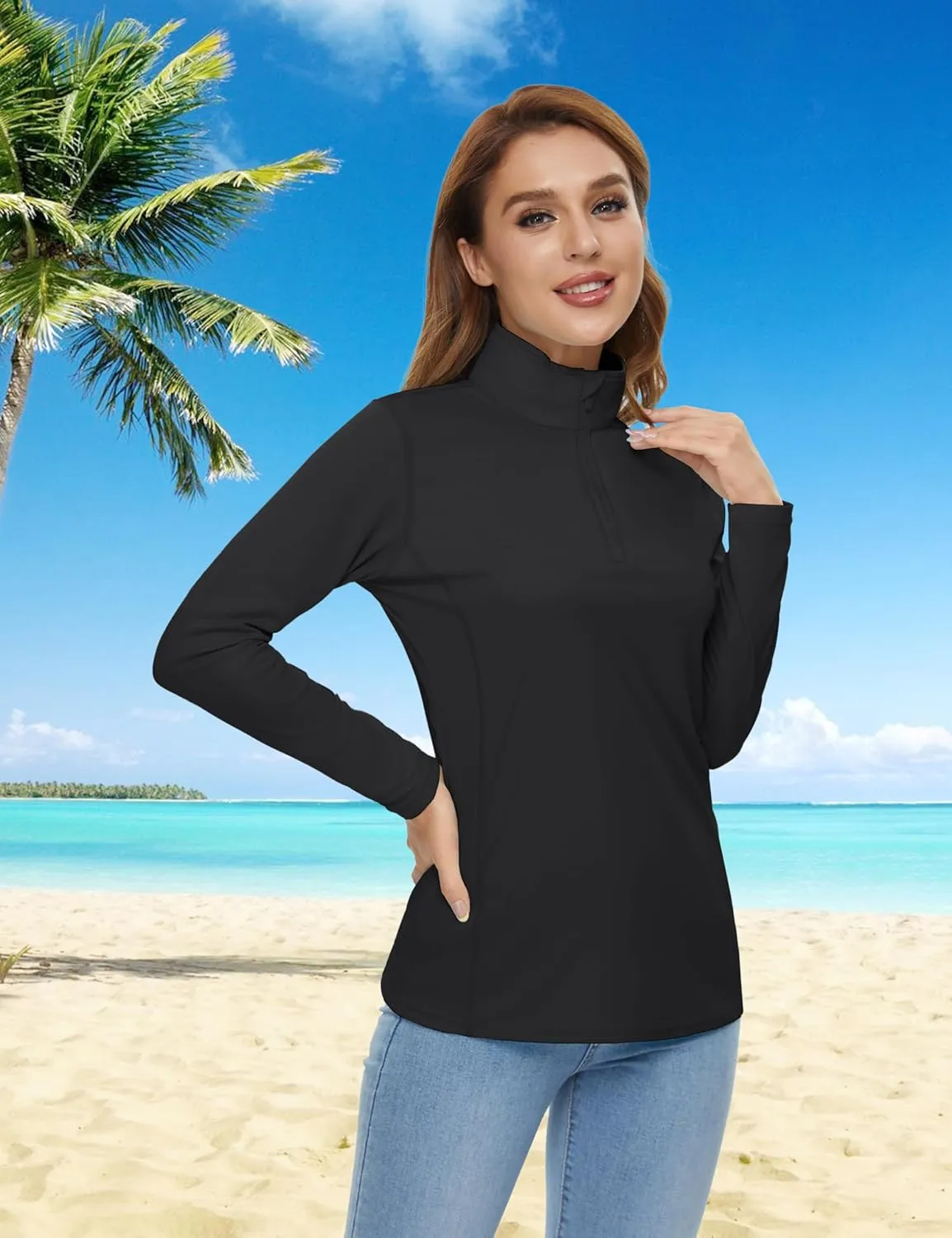 Womens 1/4 Zip Pullover Long Sleeve UPF 50  Sun Protection SPF Uv Shirts Quick Dry Athletic T-Shirts