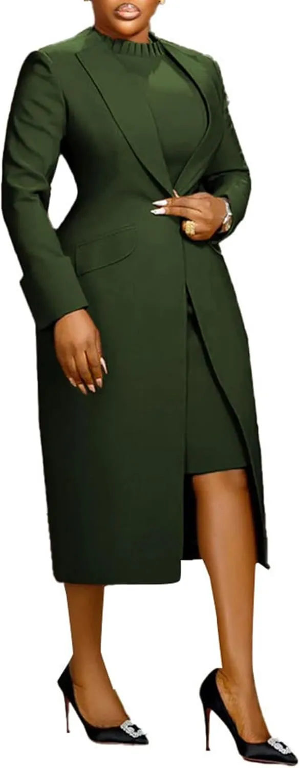 Women's 2 Piece Blazer Dress Sets Open Front Blazers and Elegant A Line Midi Slim Fit Dresses