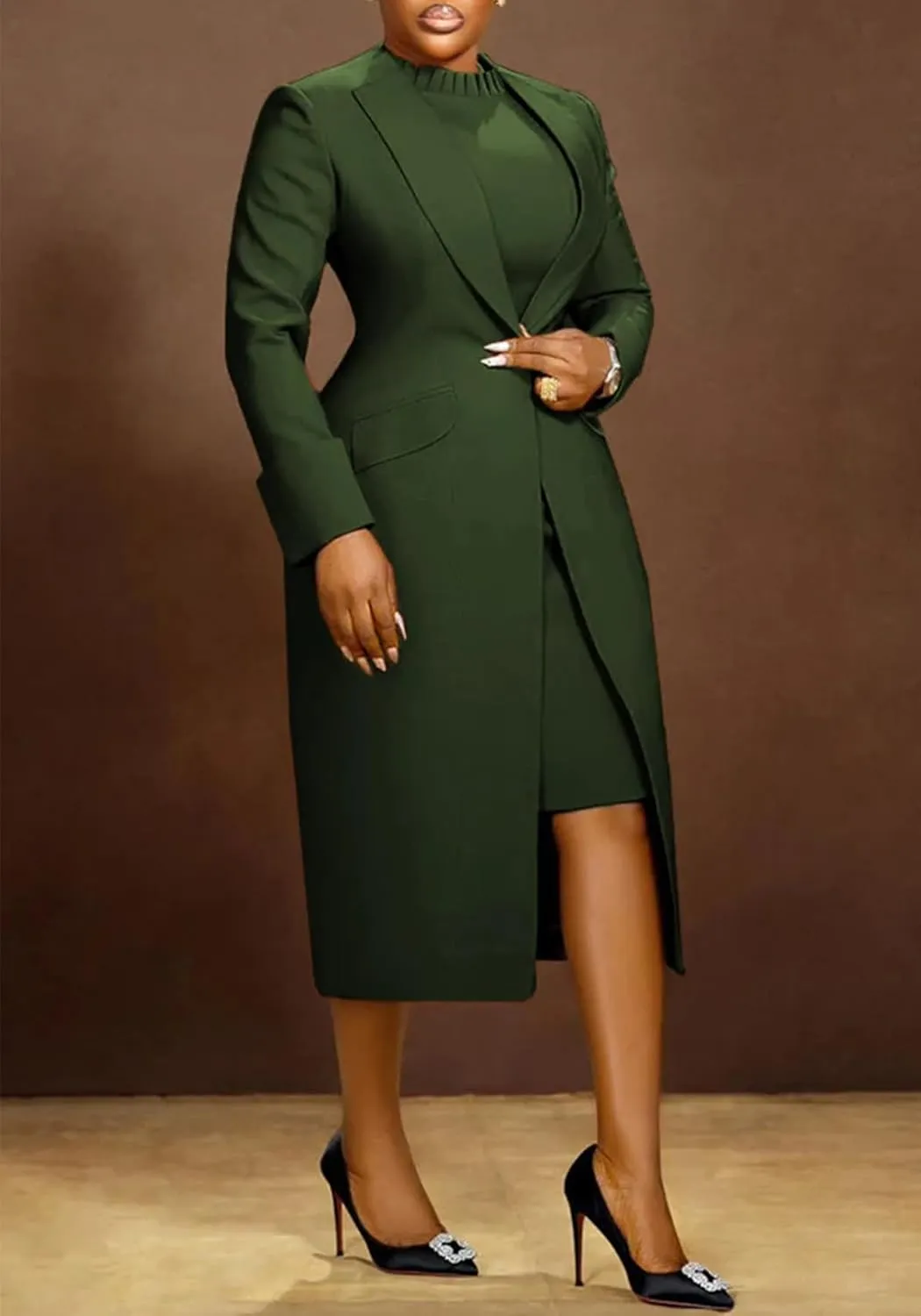 Women's 2 Piece Blazer Dress Sets Open Front Blazers and Elegant A Line Midi Slim Fit Dresses