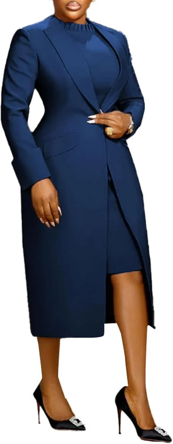Women's 2 Piece Blazer Dress Sets Open Front Blazers and Elegant A Line Midi Slim Fit Dresses