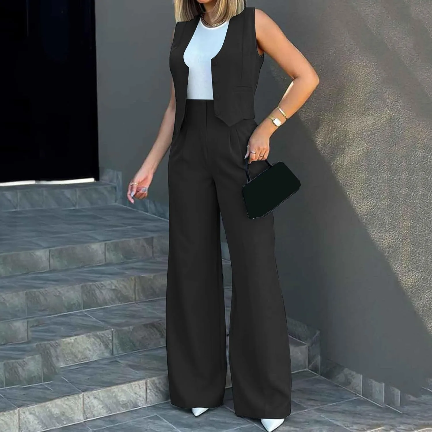 Women's 2 Piece Blazer Sets Outfits Sleeveless Suit Vest Cropped Tops and Wide Leg Pants Business Casual Pant Suits