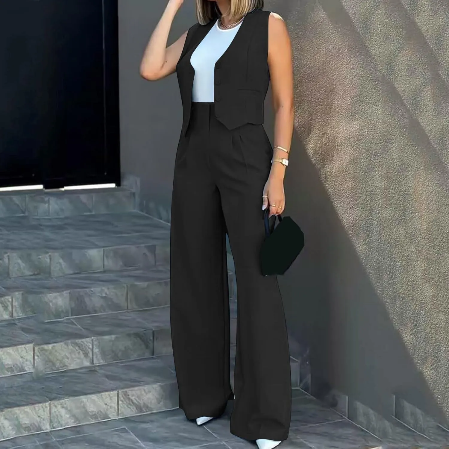 Women's 2 Piece Blazer Sets Outfits Sleeveless Suit Vest Cropped Tops and Wide Leg Pants Business Casual Pant Suits