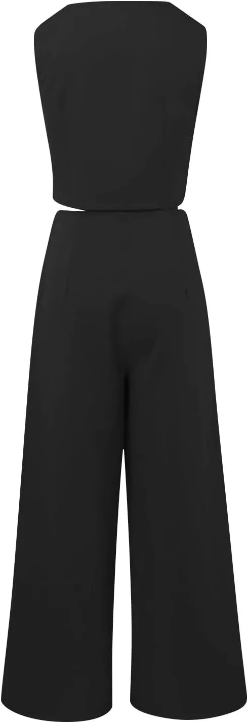Women's 2 Piece Blazer Sets Outfits Sleeveless Suit Vest Cropped Tops and Wide Leg Pants Business Casual Pant Suits